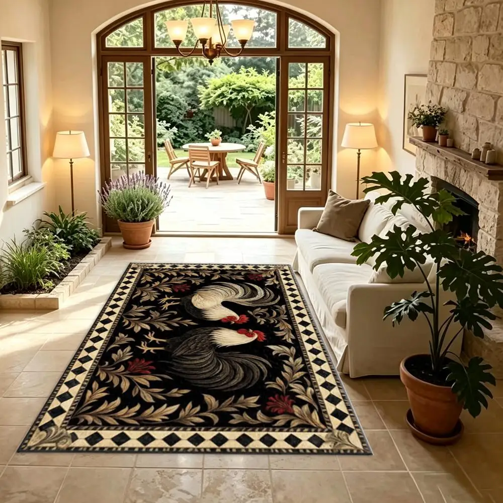 Vintage Rooster Farmhouse Carpet Flooring, Retro Black Background Floral Border Decor Rug