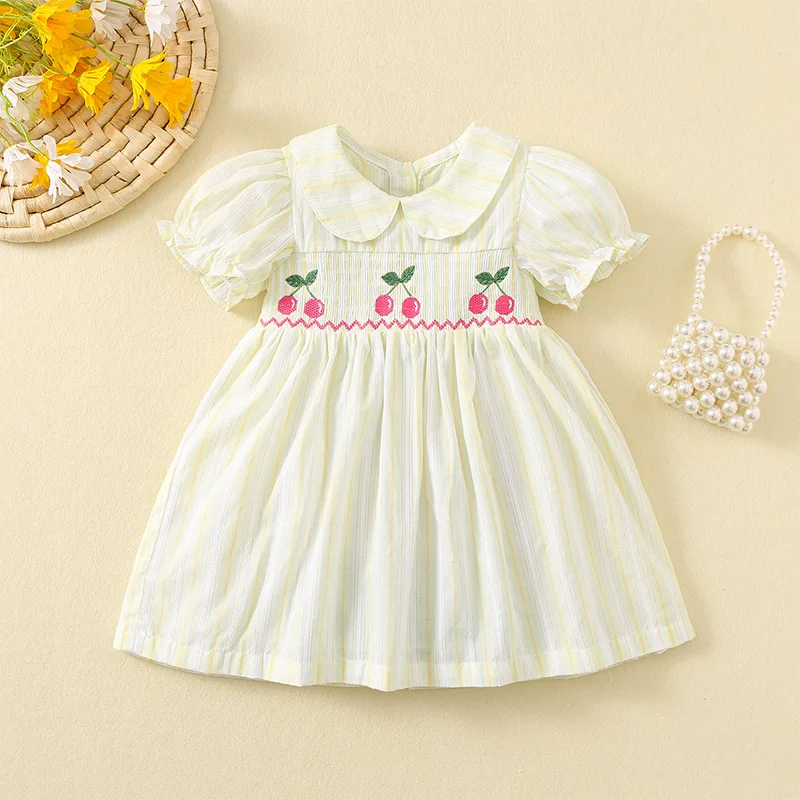 2024 Children Doll Collar Short Sleeve Clothes New Dress  Cute Embroidered Cherry Princess Costume Kids Girls Matching Summer