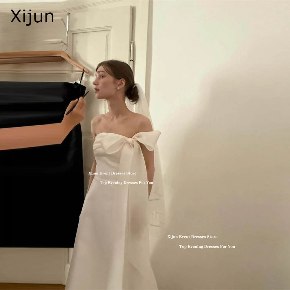 

Xijun цвета слоновой кости, простые атласные свадебные платья, корейский бант, длинные свадебные платья, без рукавов, вечерние платья для фотосессии, выпускного вечера, 2025 по индивидуальному заказу