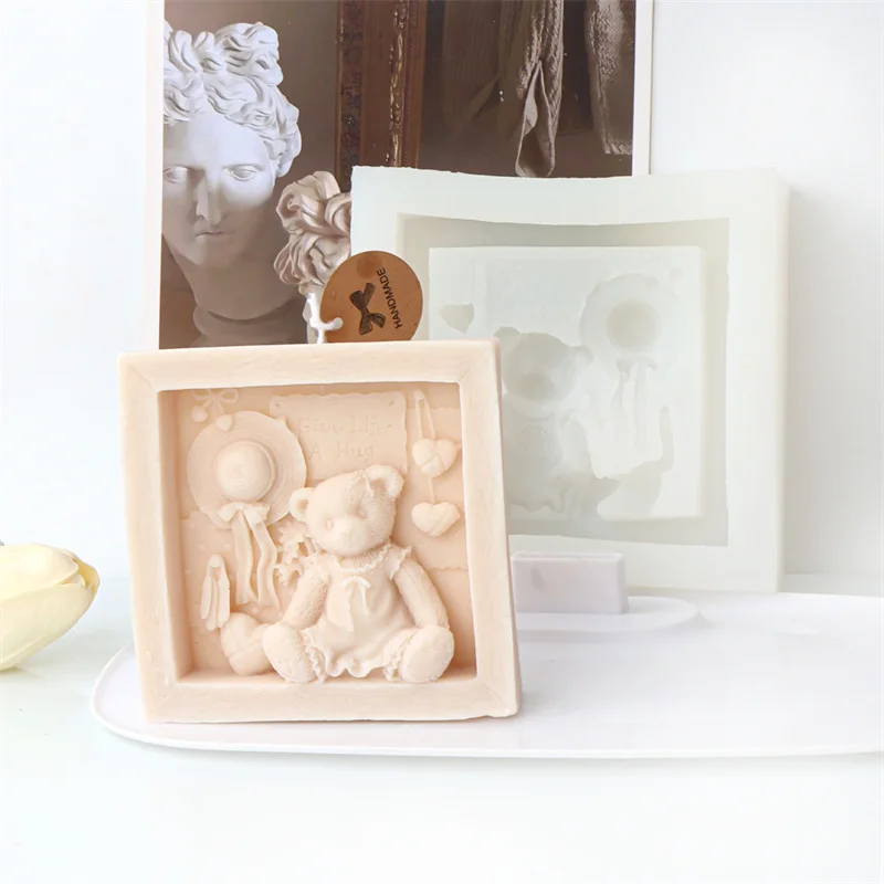 Embossed Square Teddy Bear Frame Silicone Candle Mold Vintage Birthday Hat Gift Balloon Relief Mould DIY Candle Soap Gypsum