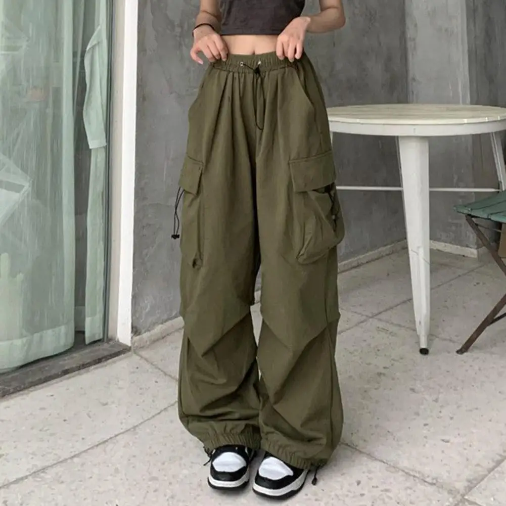 Women Cargo Pants Hip Hop Baggy Solid Color Multi Pockets Elastic Waist Match Top Loose Breathable Lady Trousers Women Clothes