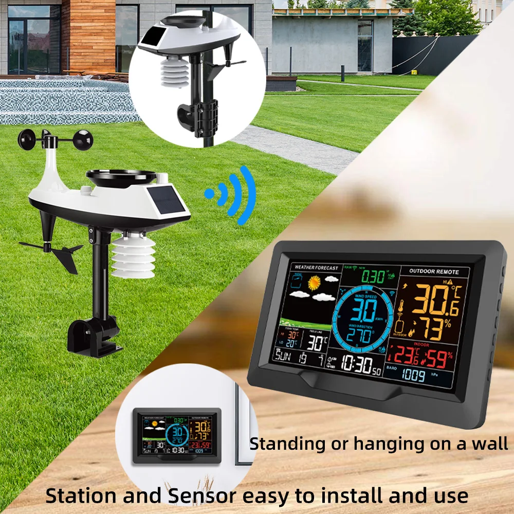 Color Wireless Weather Station Anemometer Home Temperature Humidity Clock Wind Speed Direction Rainfall Guage Forecast Sesnsor