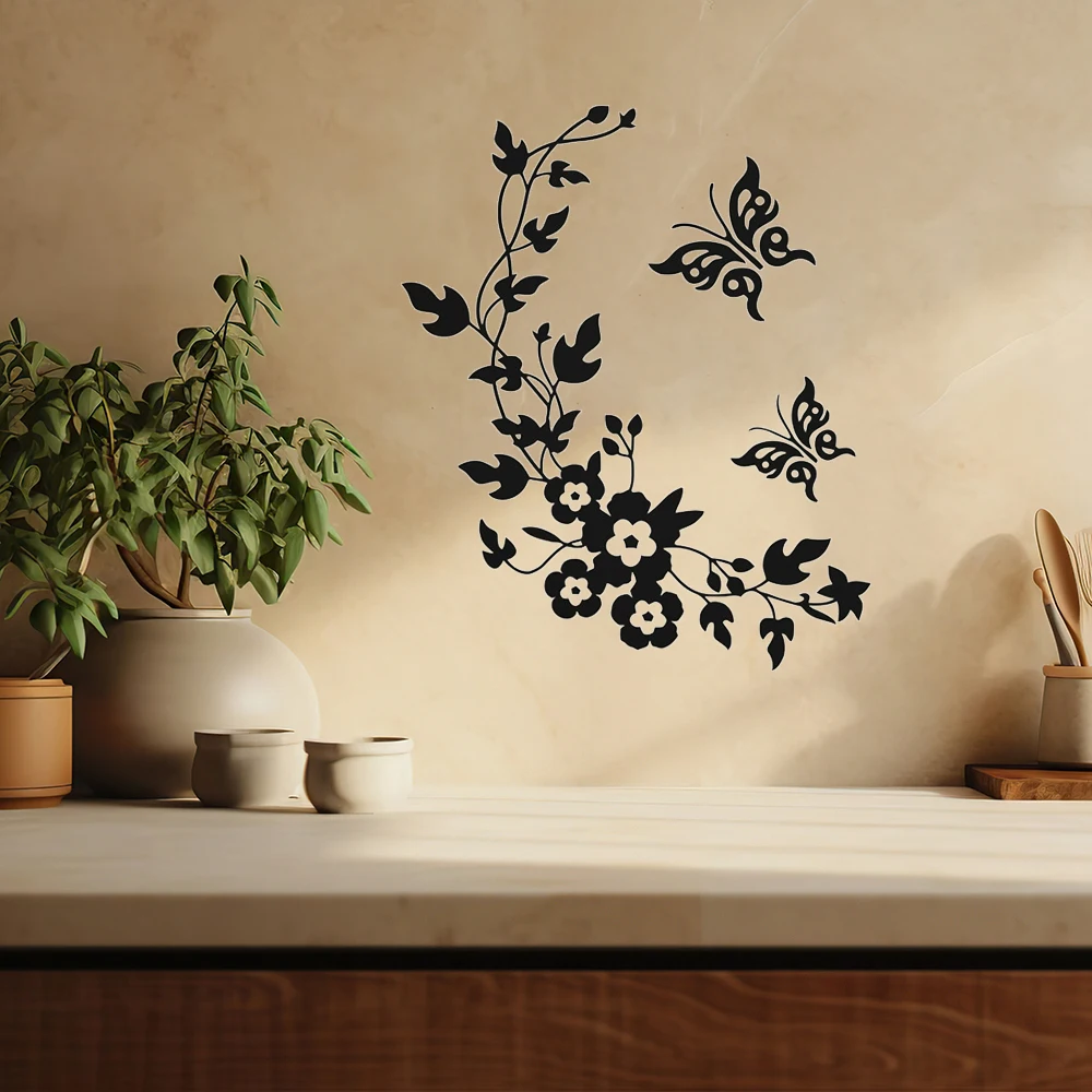 Black Butterfly Flower Wall Stickers Refrigerator Cupboard Kitchen Decor Decal Wallpaper Home Wardrobe Decor PVC Wall Sticker