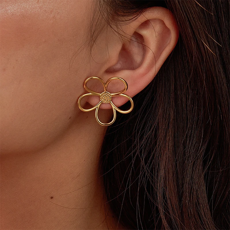 Ars جوفاء زهرة حلقة مطابقة قرط الاذن المرصع للنساء مطلية بالذهب الفولاذ المقاوم للصدأ خواتم مفتوحة أقراط لذيذ لا تشويه مجموعات #2