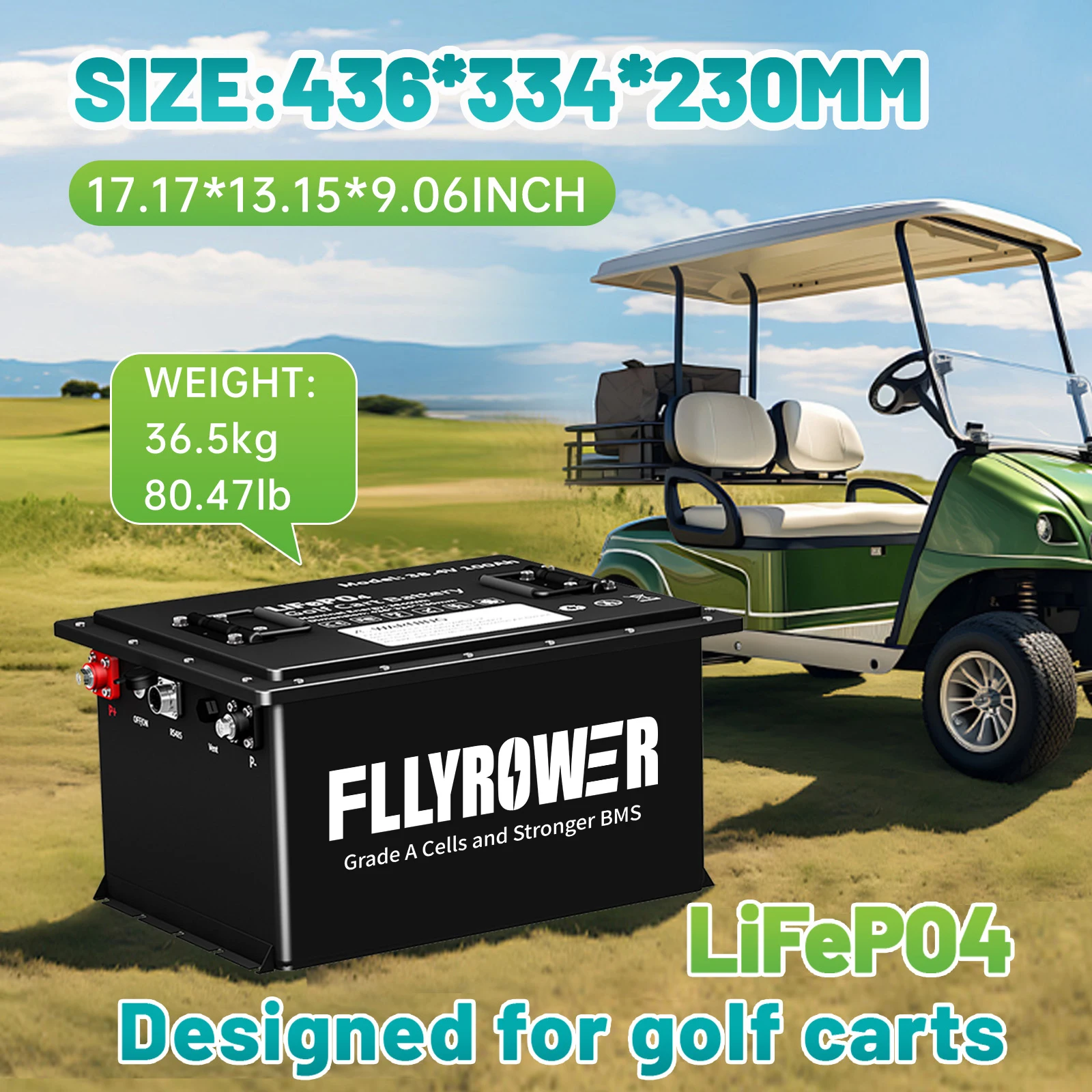 FLLYROWER 36v 105ah Golf Car LiFePO4 Lithium Battery With Charger 200A BMS Bluetooth 8000+ Cycles For Golf Cart Club Car EZGO