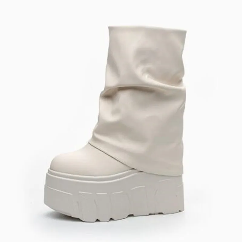 14CM New Ankle Booties Shoes Natural Microfiber Leather Boots 2026 Winter Women Motorcycle Boots Platform Ladies Fashion Botas