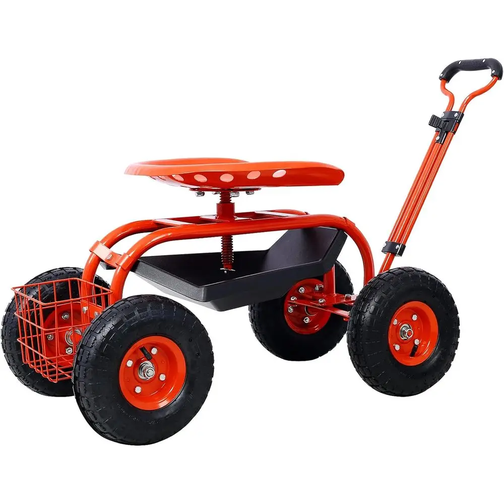 

All-Terrain Heavy-Duty Steel Garden Scooter with 360° Swivel Seat and Tool Tray (Red)
