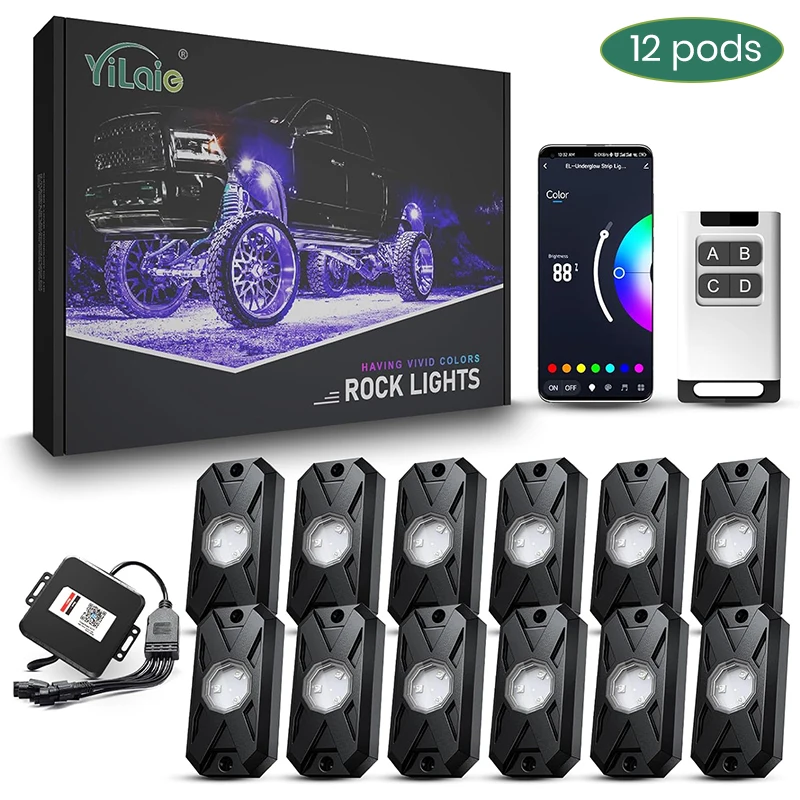 YiLaie RGB Rock Lights Underglow Wheel Lights kit IP68 with App & Remote Control Music Sync High Bright Pod Light for Pickup SUV