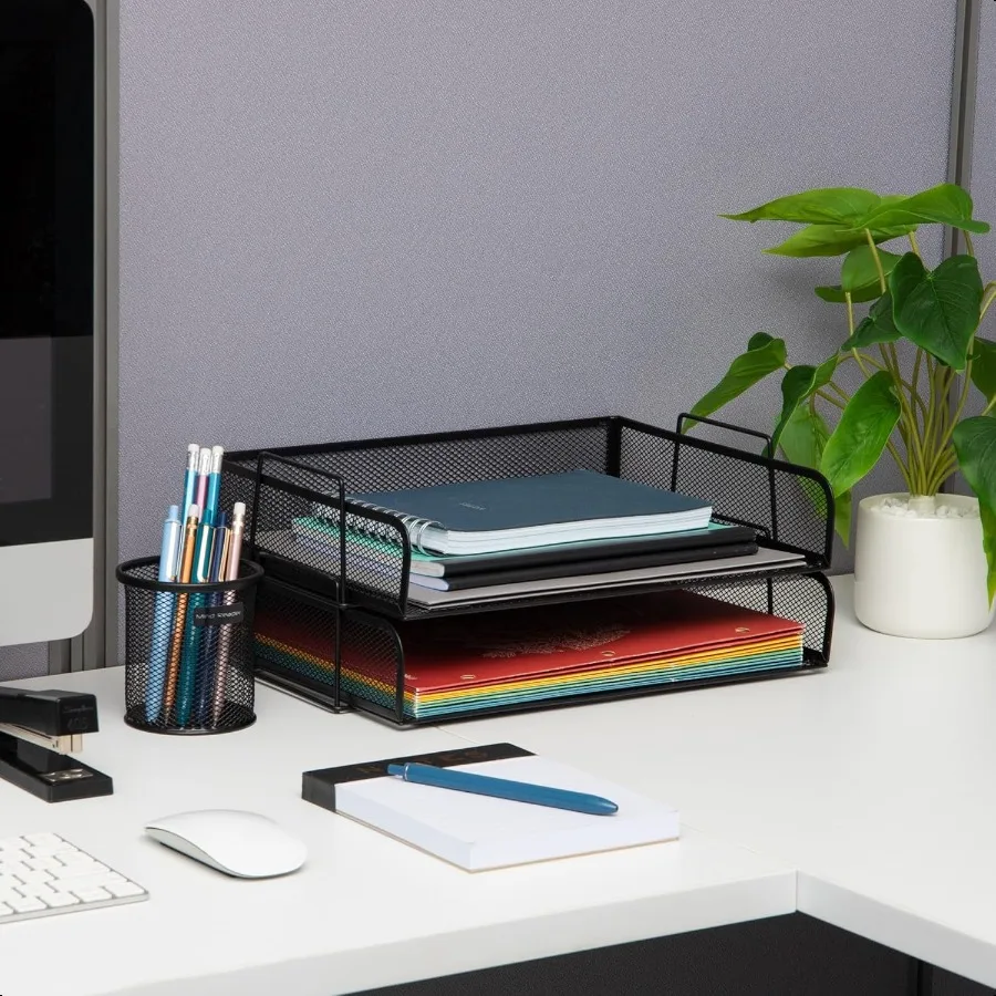 صينية ورق قابلة للتكديس منظم سطح المكتب تخزين الملفات شبكة معدنية للمكتب 13.25 بوصة طول × 9.75 بوصة عرض × 6.25 بوصة ارتفاع 2 قطعة. أسود