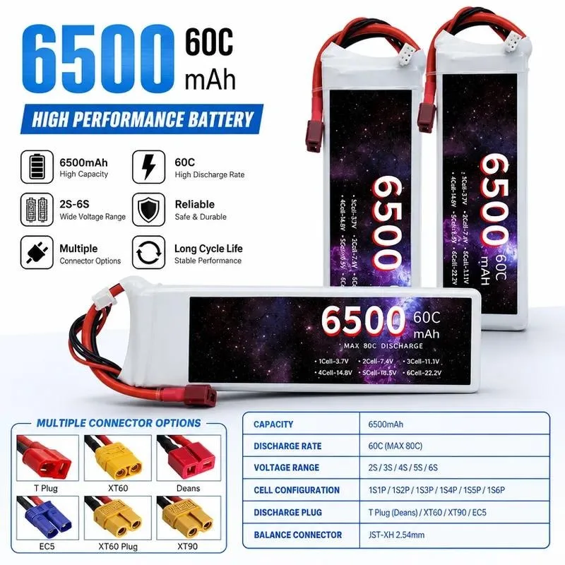 7.4V 6500mAh 60C Polymer Lithium Battery for RC Car Ship Model Drone Fixed Wing Rechargeable Battery