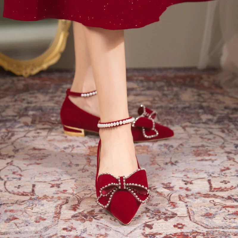 Red Crystal Wedding Pumps Women Pointed Toe Rhinestone Bowtie Bride Shoes for Wedding 2024 Luxury Pearls Ankle Strap Pumps Woman