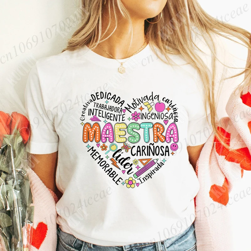 Spanish Maestra Women Girl T-shirt Casual Short Sleeve Round Neck Fashion Tee Shirt Teacher Comfy Tee Top Teacher Summer Clothes