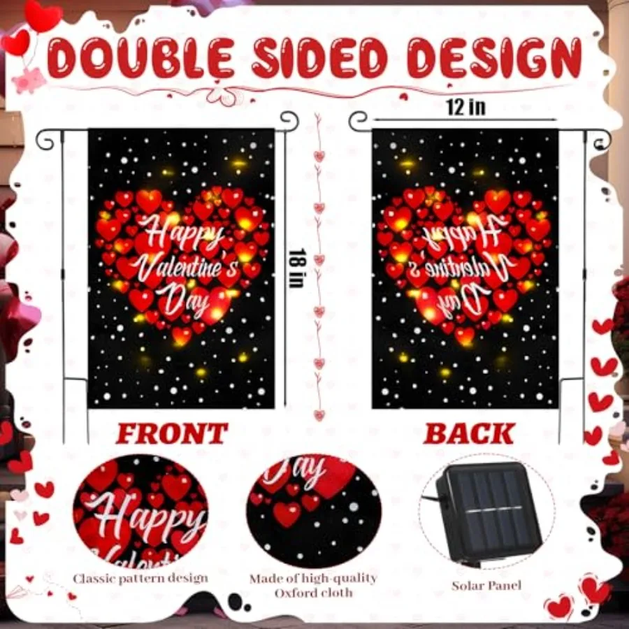 Valentine Garden Flag, 12 x 18 Inch Double Sided Solar Powered LED Flag with Lighting 8 Modes Happy Valentine Red Love Yard Fla