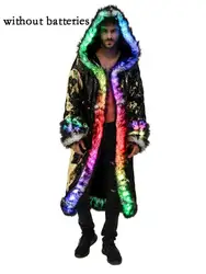 New LED Costume Faux Fur Coat Long Hooded Flash Clothes Burning Man Clothing Men's Faux Fur Coat
