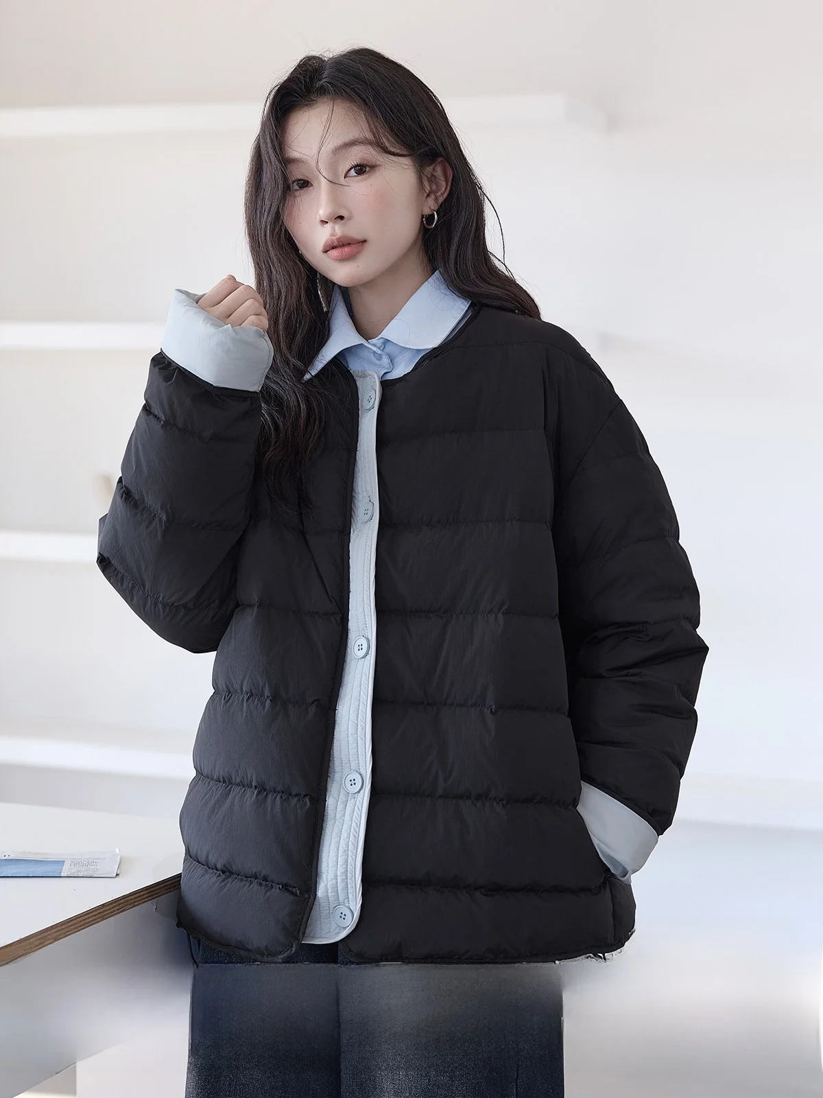 

HuiXi 90 White Du down Jaet Women's Winter New Splicing Design Versatile Warm Outerwear Korean Sle Loose Fit Long Sve