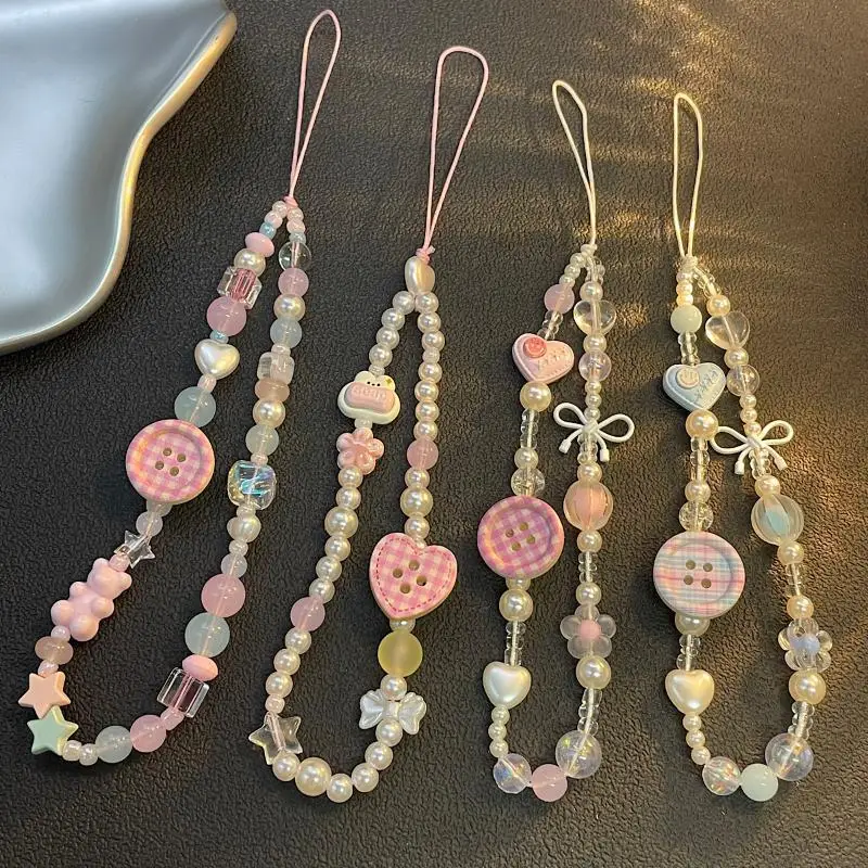Cute Korean Pink Button 3D Beaded Phone Lanyard Anti-Lost Universal Wrist Phone Chain for Women Fashion Accessory
