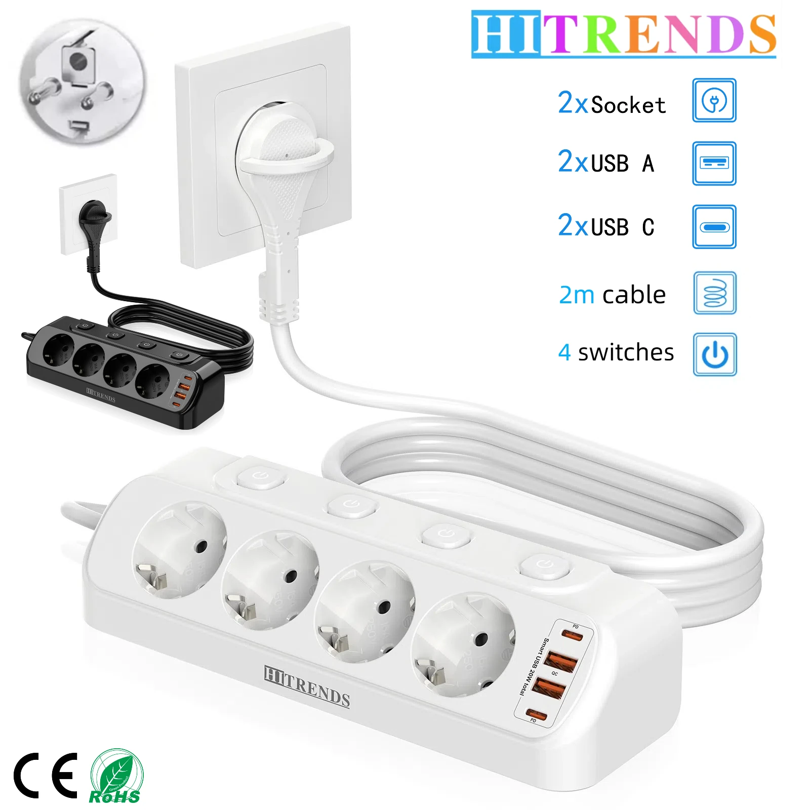 Eu Plug Multi-Function Power Board 2 USB-A and 2 USB-C Fast Charging Power Adapters 2 m Extension Cord Independent Switch White