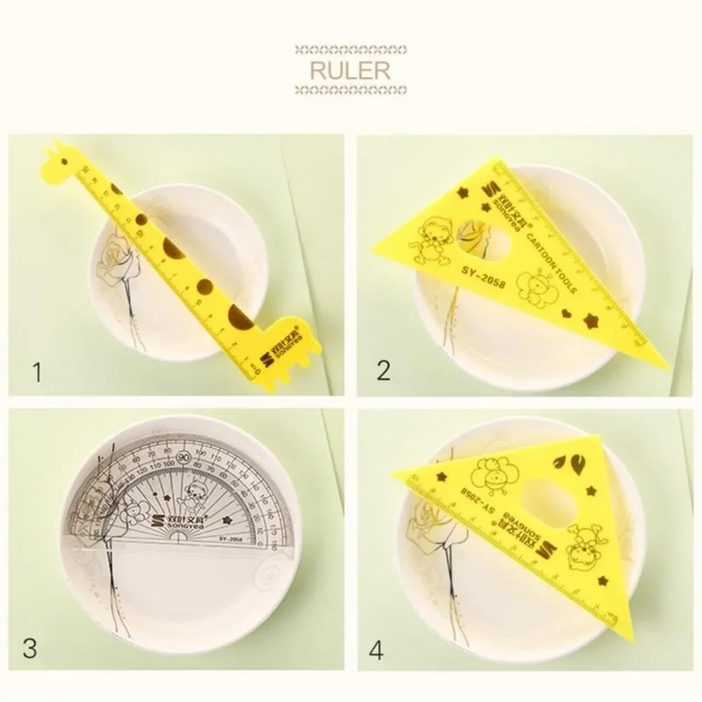4pcs Student Ruler 1 Set Cute Cartoon Giraffe Animal Students' Ruler Meter Triangle Ruler