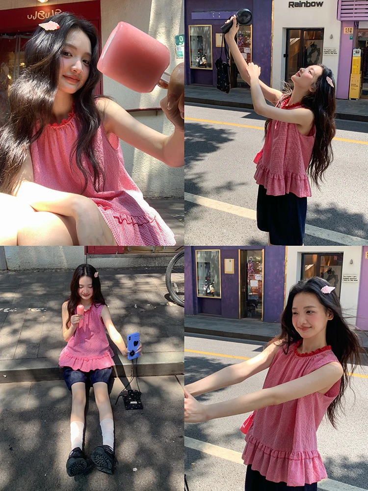 

Розовый клетчатый свободный жилет для женщин, летняя верхняя одежда, новый дизайн, модный повседневный жилет с отворотами в стиле гингем