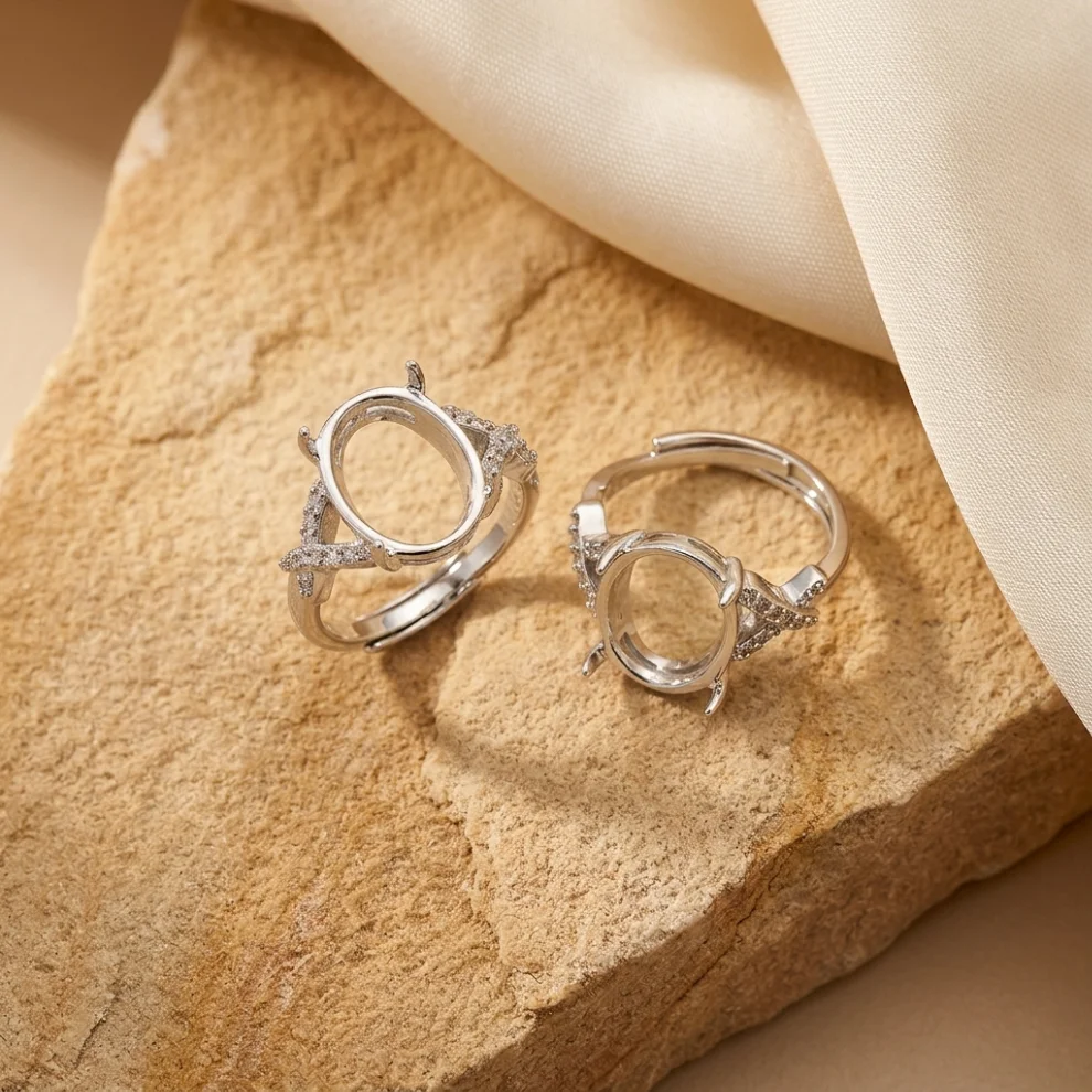 2Pcs Oval 10*14mm Ring Blank Setting 4-Prong Brass Semi Mount Ring Base inlaid with Zircon for Stone Inlay DIY Jewelry Making