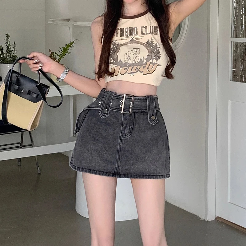 Houzhou Mini Denim Rok Vrouwen Vintage Sexy Hoge Taille Riem A-Lijn Slim Jeans Rok Casual Y 2K Skort Zomerse Streetwear