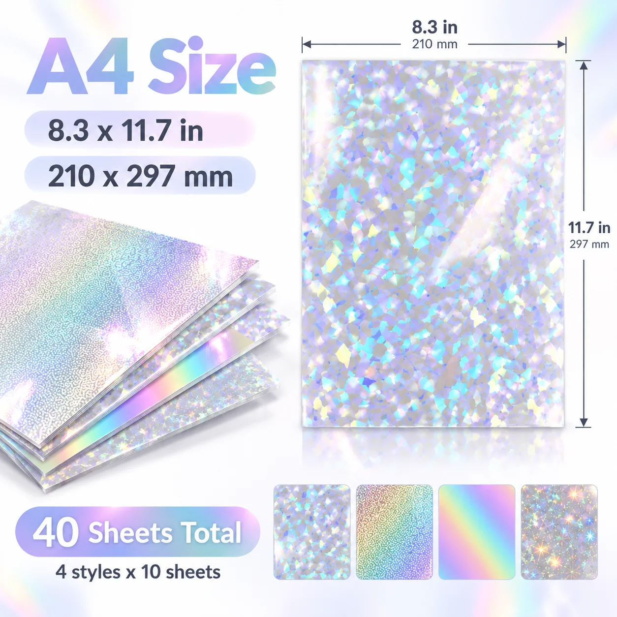 A4 Holographic Laminated Sheets, 40 Transparent Self-adhesive Vinyls, with Starry Rainbow Gem Dot Patterns, Suitable for DIY