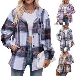 2024 Autumn Winter Women Outwears Hooded Contrast Hooded Plaid Coats Female Single-breasted Casual Mid Length Shirt Coats