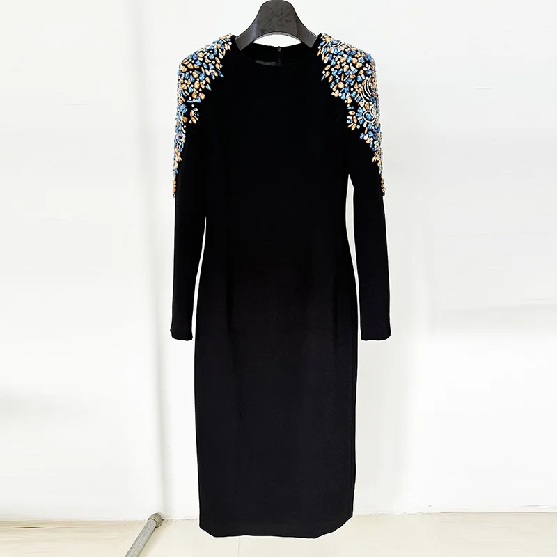 2024 crewneck New Heavy Embellished Long-Sleeve Midi party office Dress with Beading and Rhinestone Detailing in Celebrity