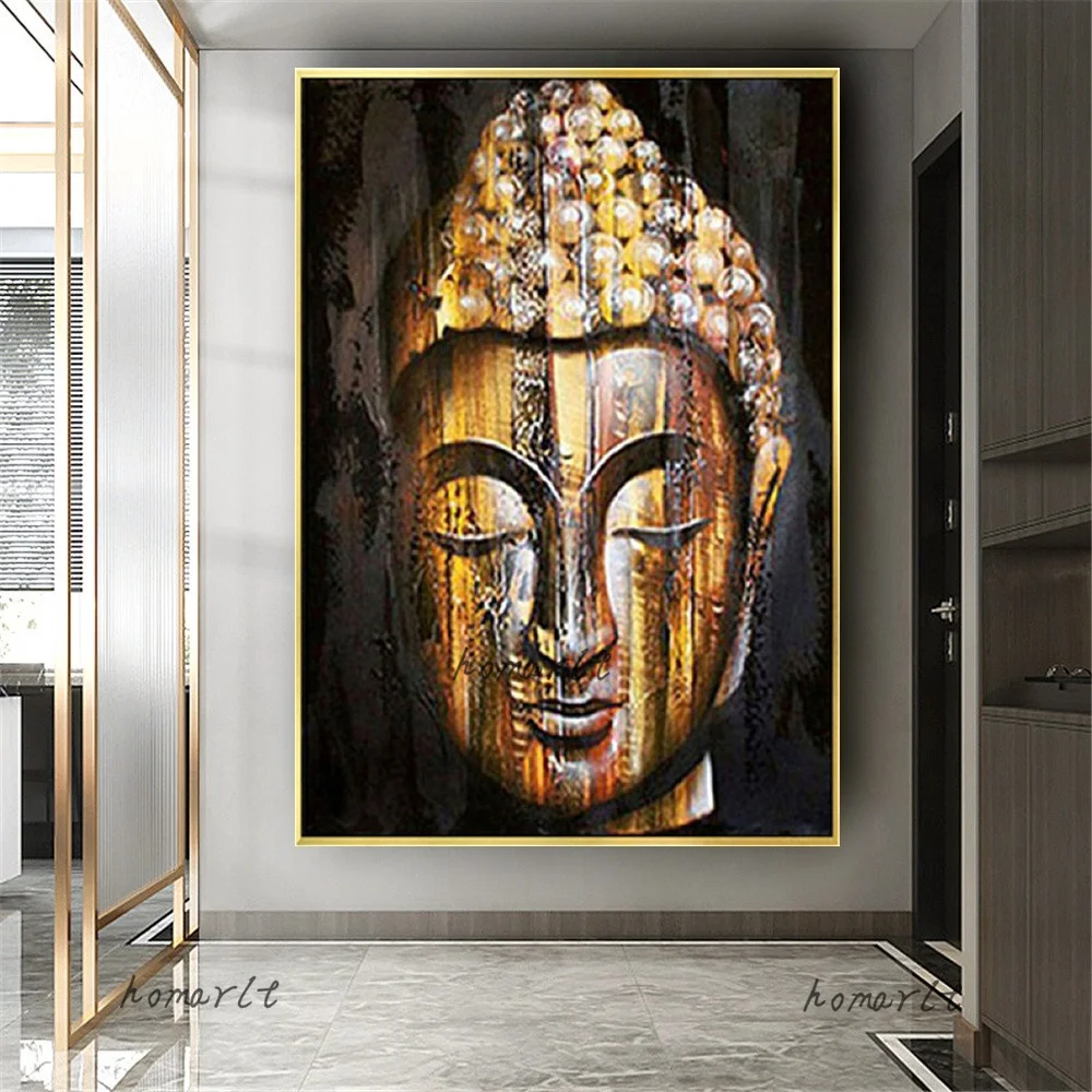 

Hand Painted Large Asia Lord Picture Wood Color Buddha Oil Paintings On Canvas Religious Gold Black Wall Art Decor