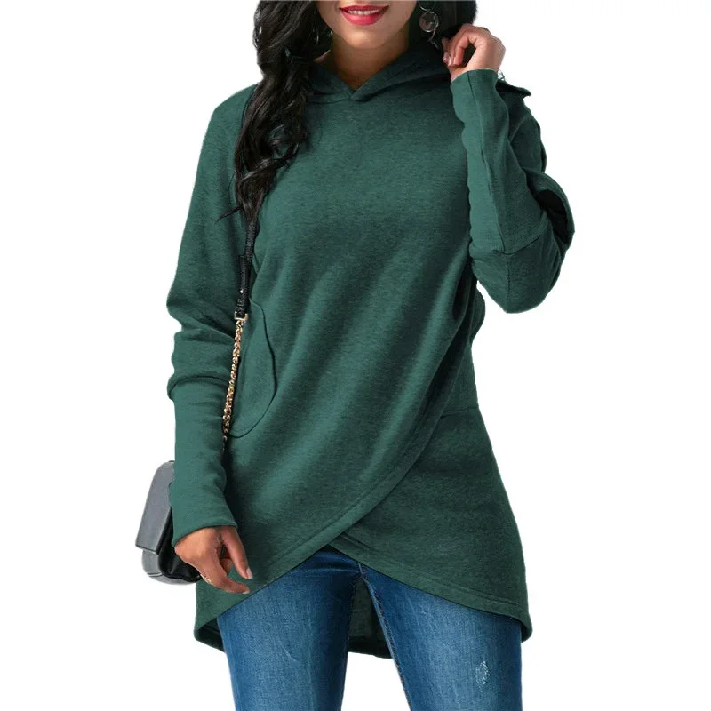 2021 Solid Sweatshirts New Female Casual Warm Hooded Jumper Women Autumn Winter Long Sleeve Pocket Irregular Pullover Hoodies