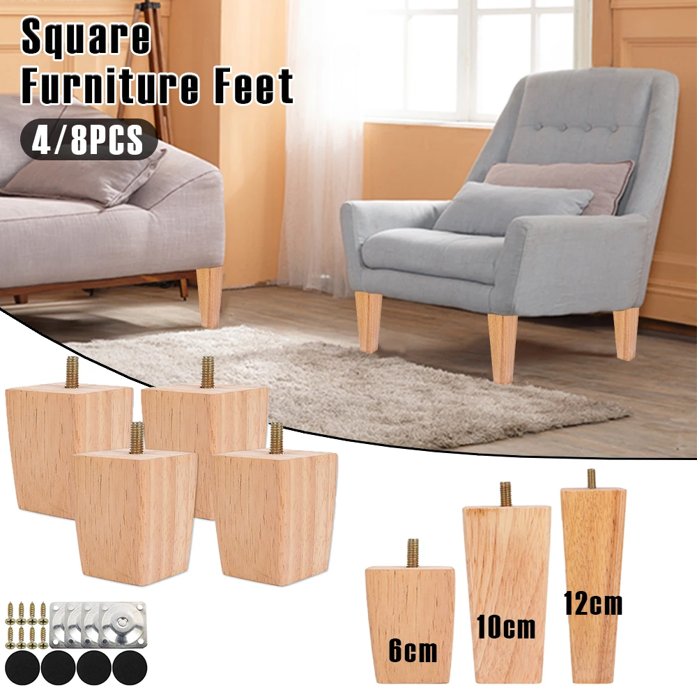 4/8Pcs Square Furniture Feet 6/10/15cm Solid Wood Sofa Legs Replacement Height Furniture Legs with Screws Mounting Plate Pads