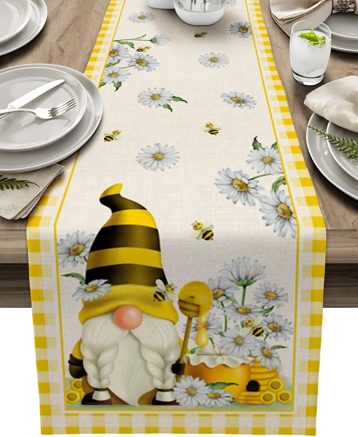 Spring Bee Gnomes Yellow Plaid Linen Table Runner Holiday Party Decor Farmhouse Kitchen Dining Table Runner Wedding Decorations