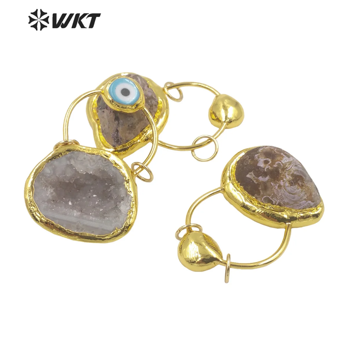 WT-P1784 WKT Shiny Gemstones Irregular Natural Stone Pendant Women's Accessories Devil Eyes Geode Agates With Big Ring Pendant