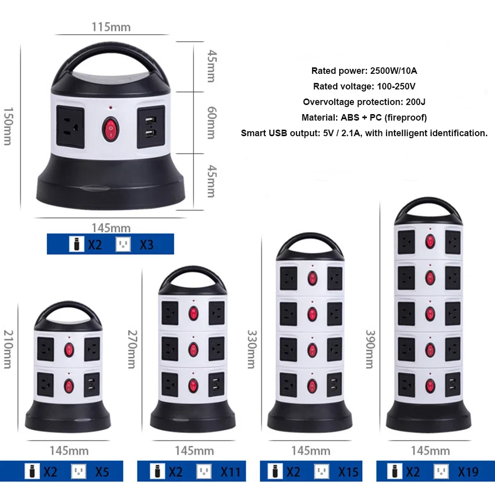 Power Strip US Plug Electrical Socket Vertical Tower American Outlet Surge Protector 2 USB Switch 3m Extension Cord Home Office