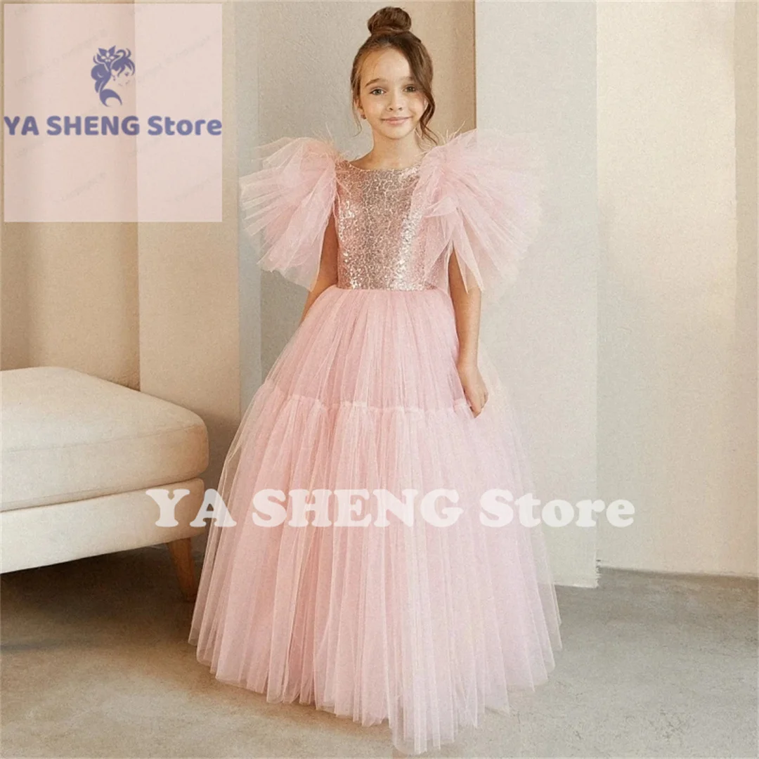 

Light Pink Flower Girl Dresses Tulle Puffy Sequin Short Sleeve For Wedding Birthday Party Banquet First Communion Gowns