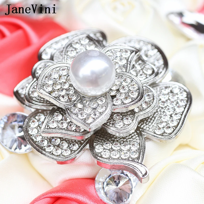 JaneVini-ramo De flores De satén para novias, joyería De plata Vintage, ramos De novia con diamantes De imitación De cristal, lujo