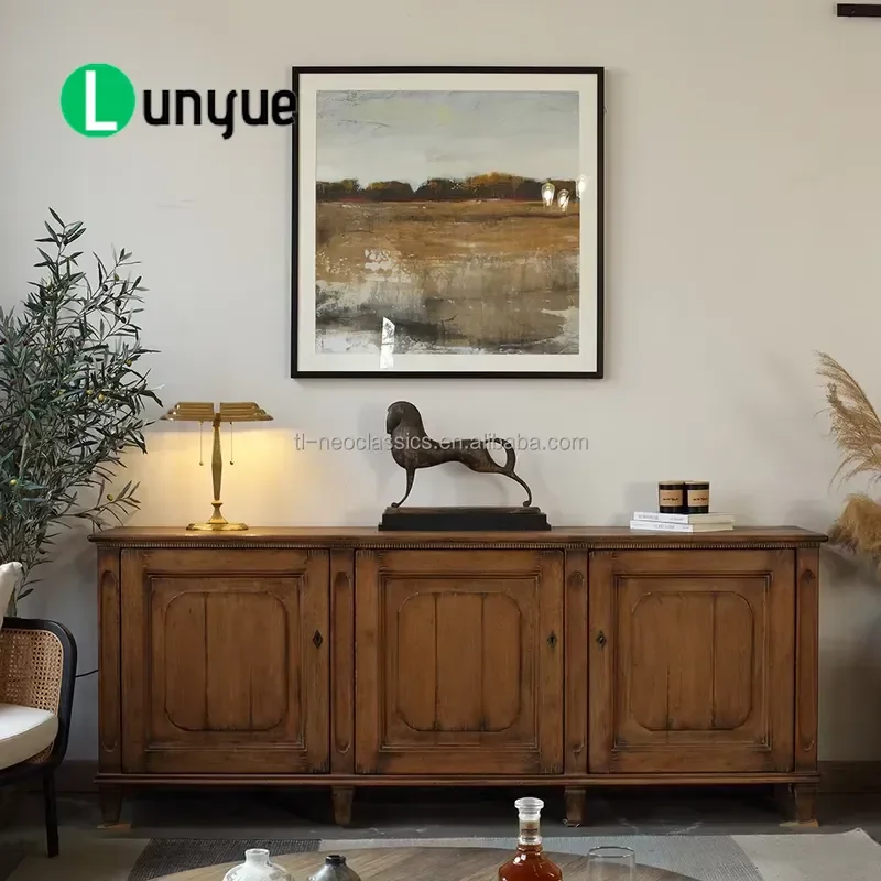 Retro Luxury Handcrafted Solid Wood Three Door Side Cabinet Eco Friendly Storage for Dining Room Bedroom Living