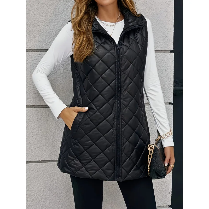 

Quilted Stand Collar Vest Diamond Pattern Women's Jacket Inner Wear Regular Length Inner Match Other Material 100%
