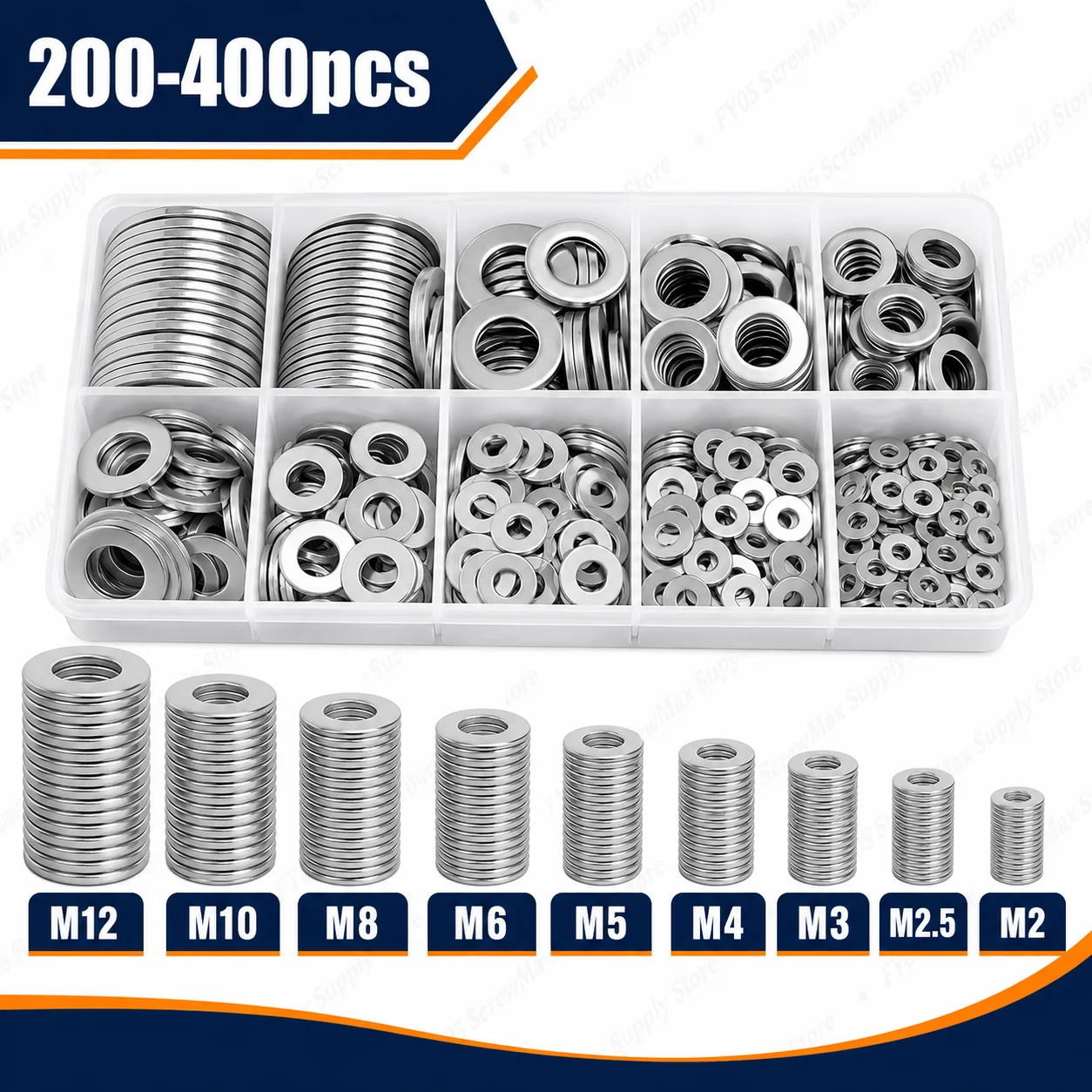 200/400pcs Stainless Steel Flat Washers Set (M2-M12) – Home DIY, Industrial Repair, Kitchen Decoration & Outdoor Maintenance