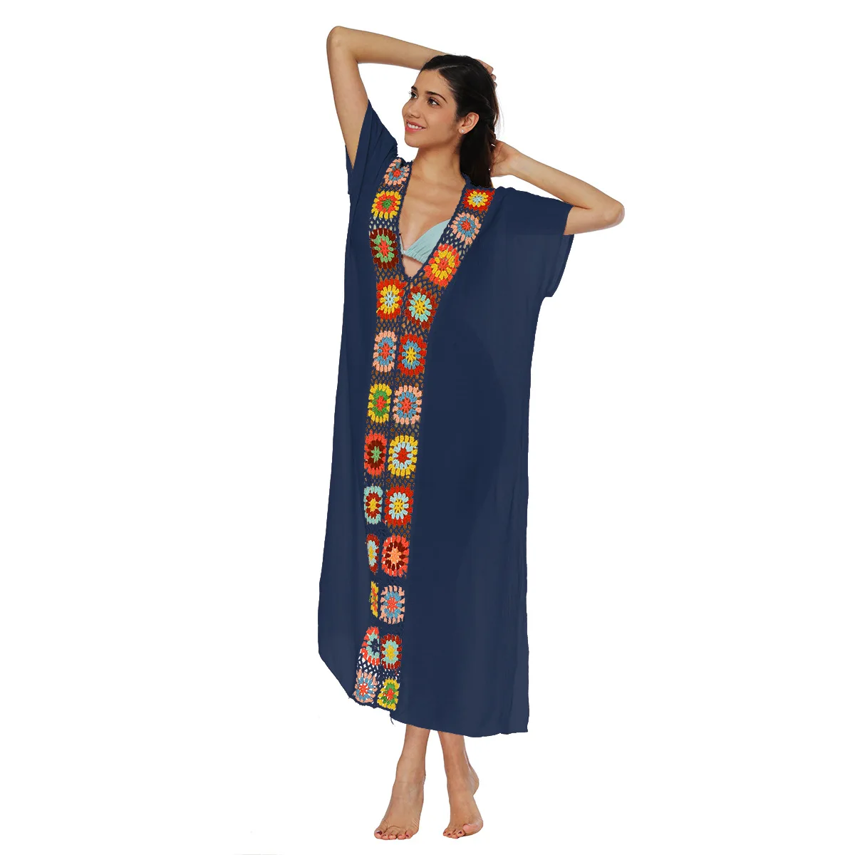 Veelkleurige lange strandjurk badpak cover-ups voor dames kleur hand gehaakte bloemen patchwork casual losse korte mouw v-hals