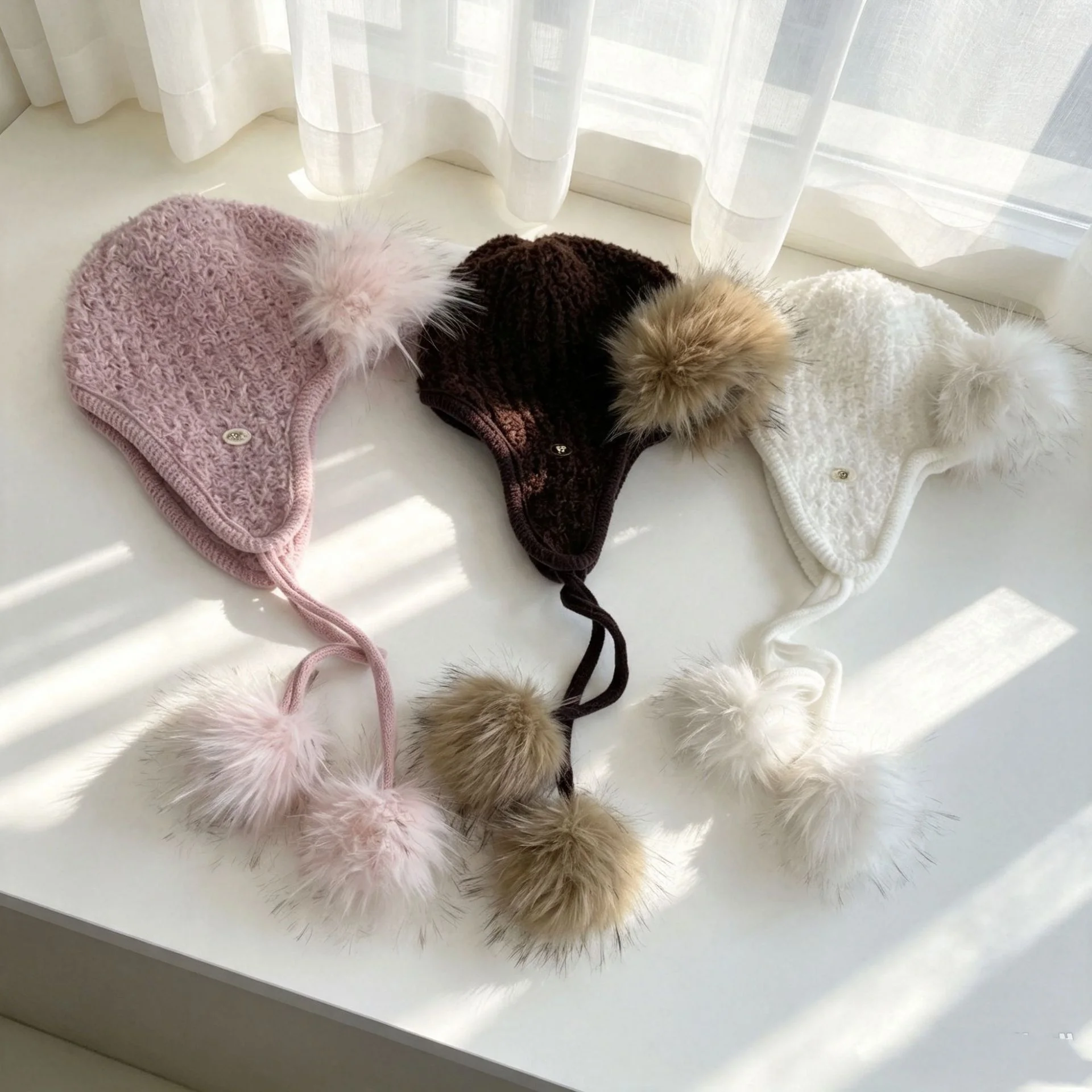 Ladies Cozy Fluffy Knitted Trapper Hat Furry Pom‑pom Ear Protection Cap Cold Weather Outdoor Wind Resistant Winter Headwear