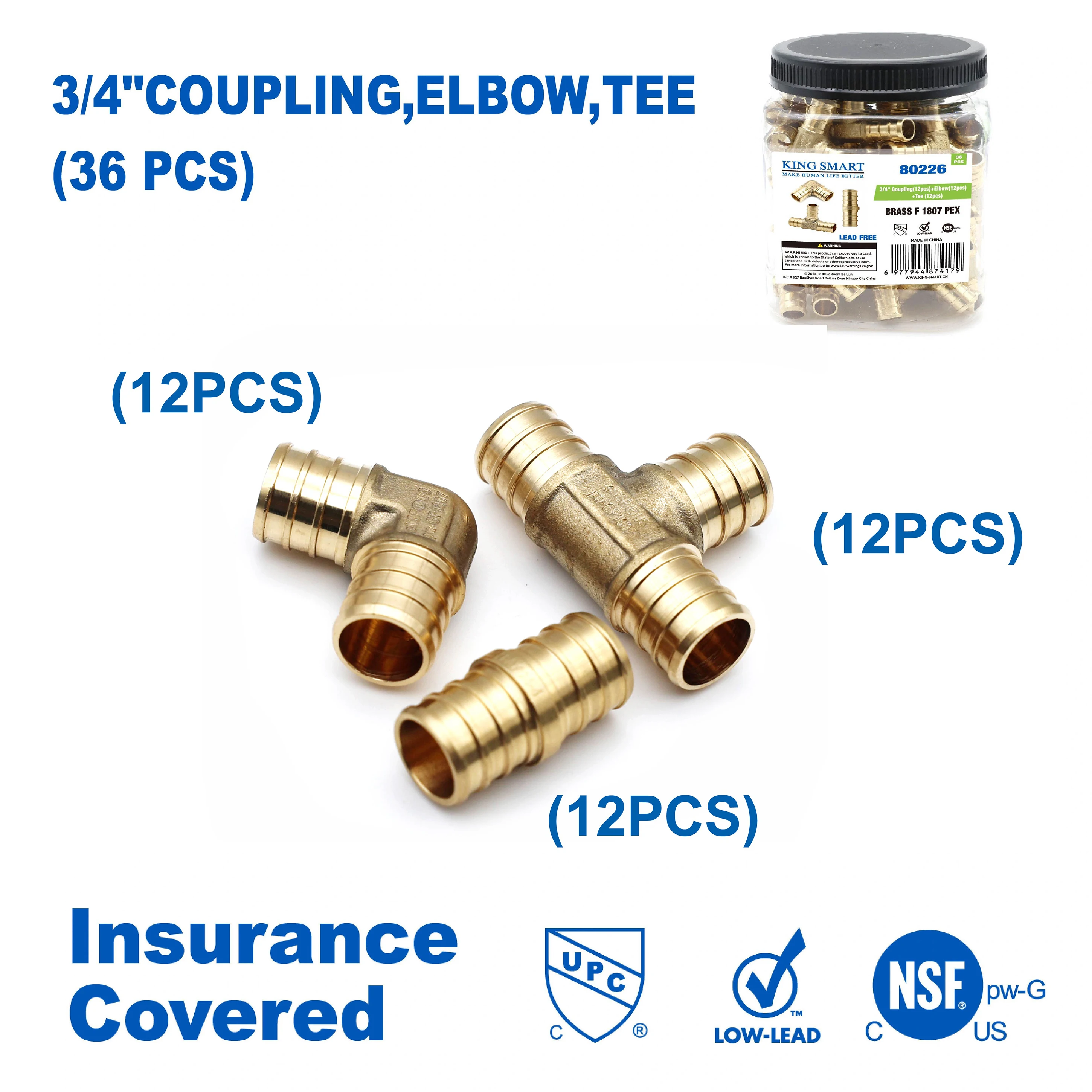 

KING SMART 3/4 дюйма F1807 PEX тройник (12 шт.), муфта (12 шт.), колено (12 шт); F1807 PEX Combo Бессвинцовая латунь; 36 шт./корпус; 80226