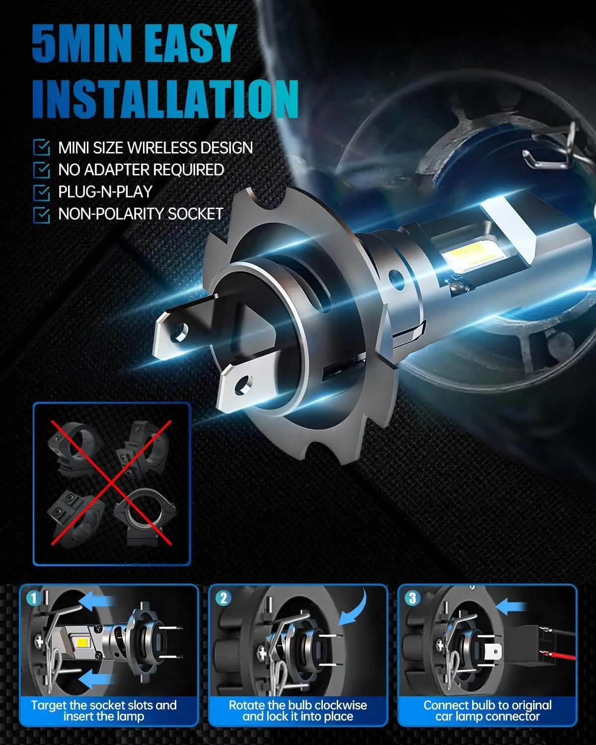 لمبات H7، مصابيح ضباب فائقة السطوع 6000 كلفن، تصميم مقاس 1:1 مع مروحة تبريد، توصيل وتشغيل، عبوة من 2