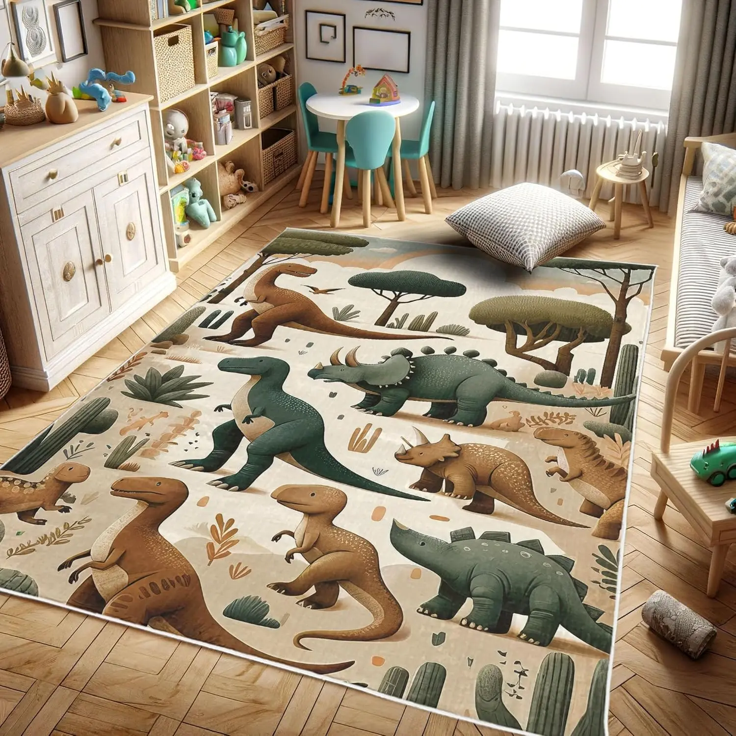 Dinosaur Decorative Rug,Jurassic Scenario Cartoon Animals in Wilderness Cloudy Sunrise Back, Quality Carpet for Bedroom Dorm and