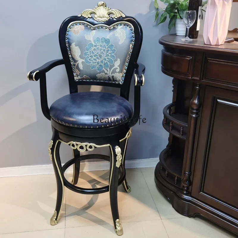 

*American solid wood bar chair rotating high chair leather armrest back front desk chair
