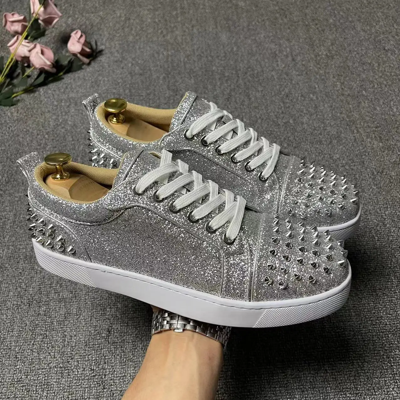 men fashion stage nightclub dress rivets shoes lace-up flats shoe black silver platform sneakers breathable personality footwear