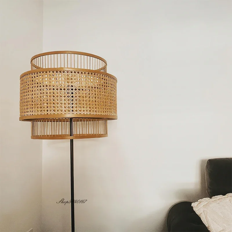 Nordic Vintage lampa podłogowa stojak światła Retro rattanowy abażur oświetlenie podłogowe do salonu gabinet dekoracja sypialni oprawa