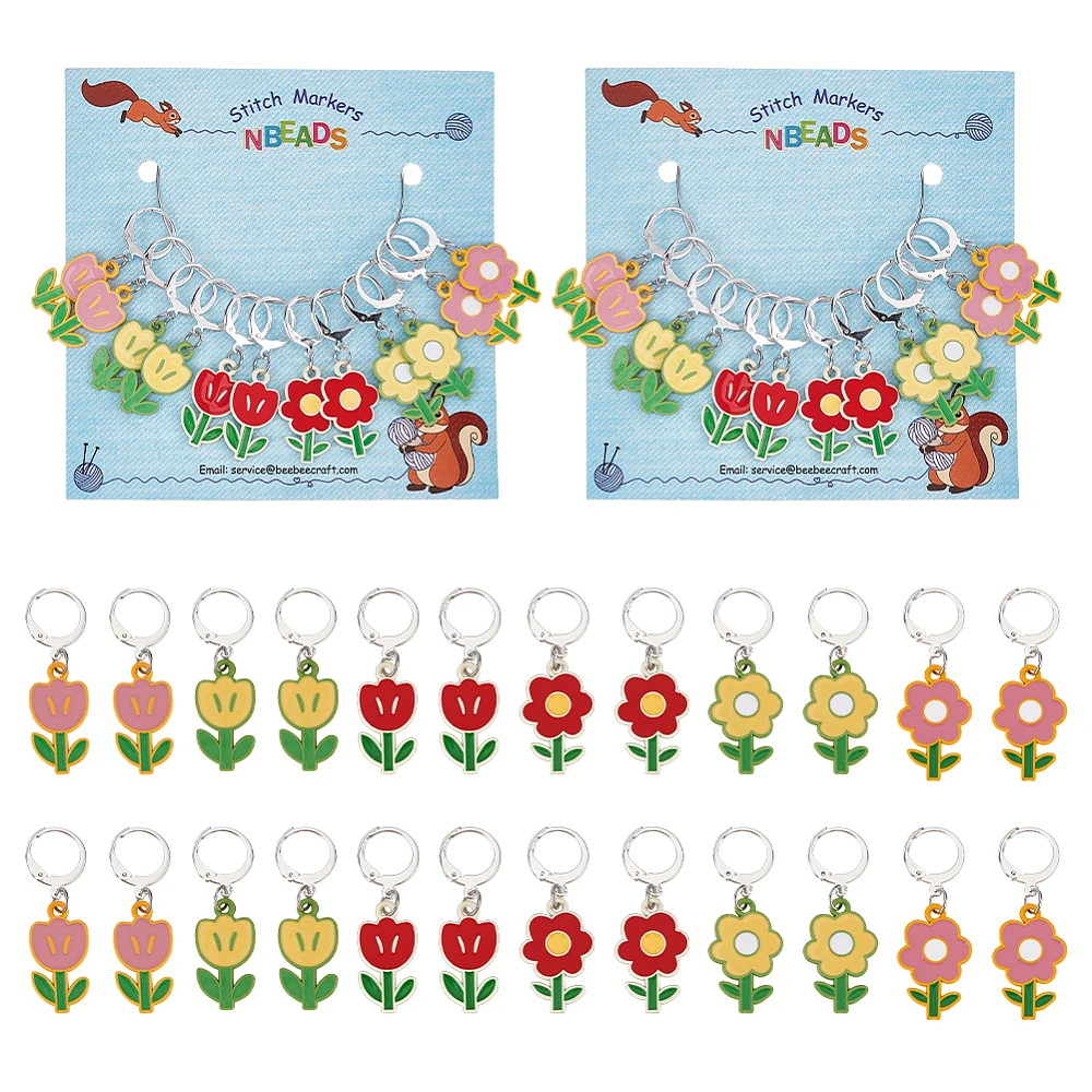 

24PCS Alloy Enamel Flower Pendant Locking Stitch Markers 304 Stainless Steel Clasp Stitch Marker Mixed Color 3.8~3.9cm 6 style