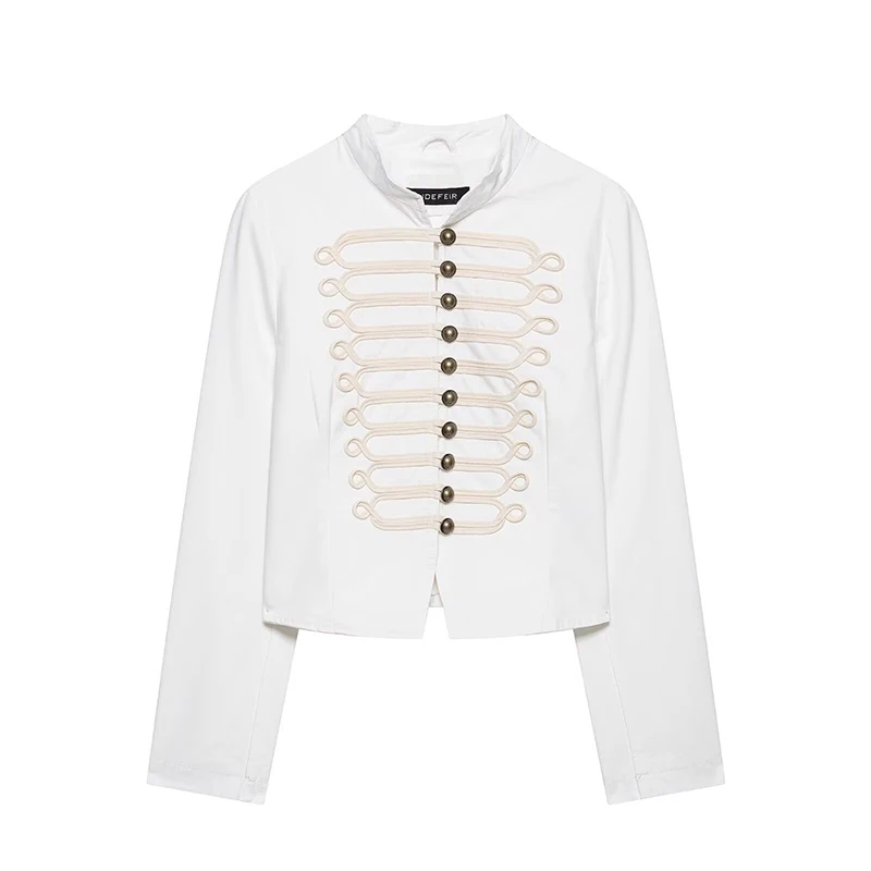 YENKYE New Women Retro Military Style White Fitted Jacket Long Sleeve Round Neck Cropped Casual Outerwear