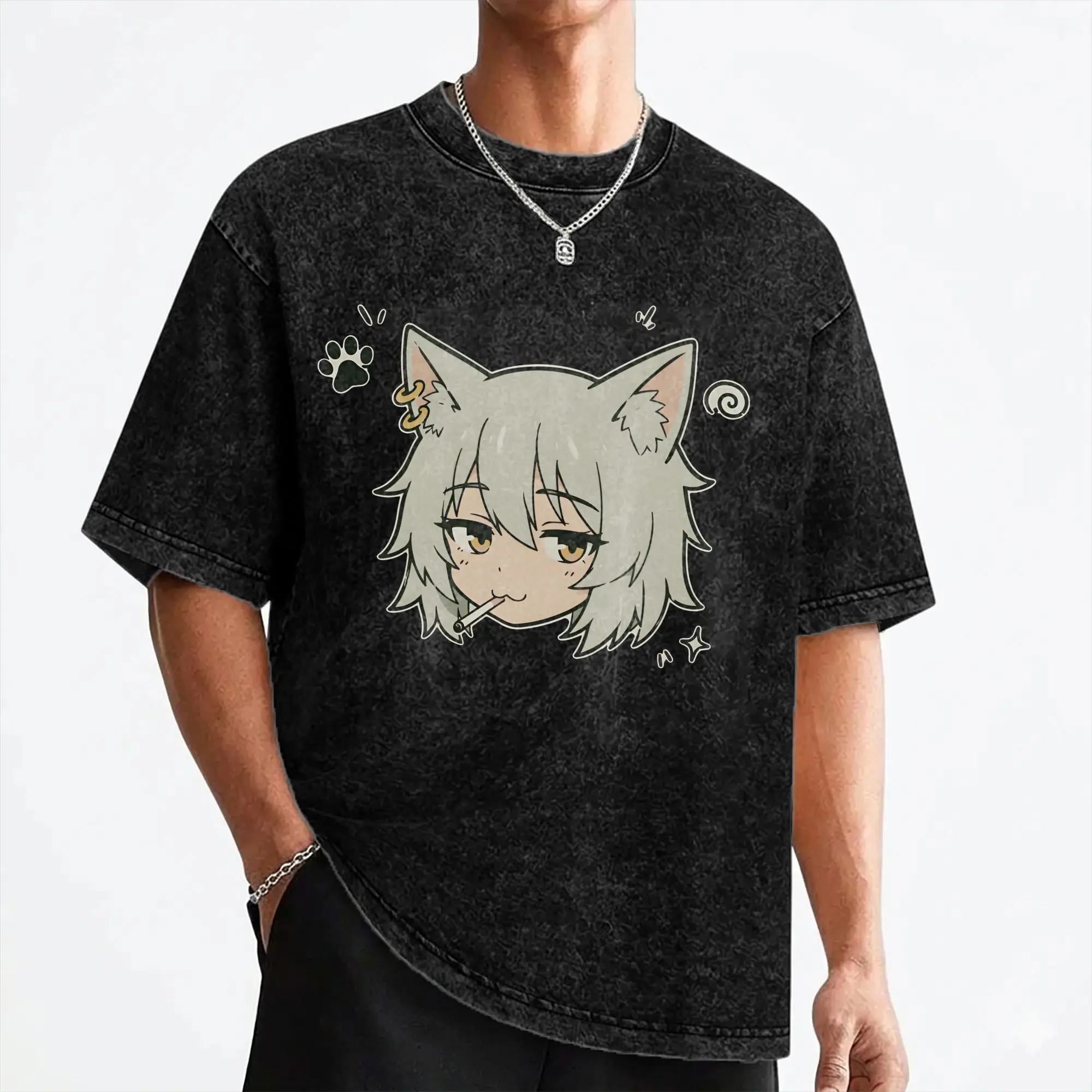 Chainsmoker Cat Yani Neko Anime T Shirt Washed Short Sleeve Harajuku T-Shirt  Vintage Men Women Streetwear Printed Tee Shirt